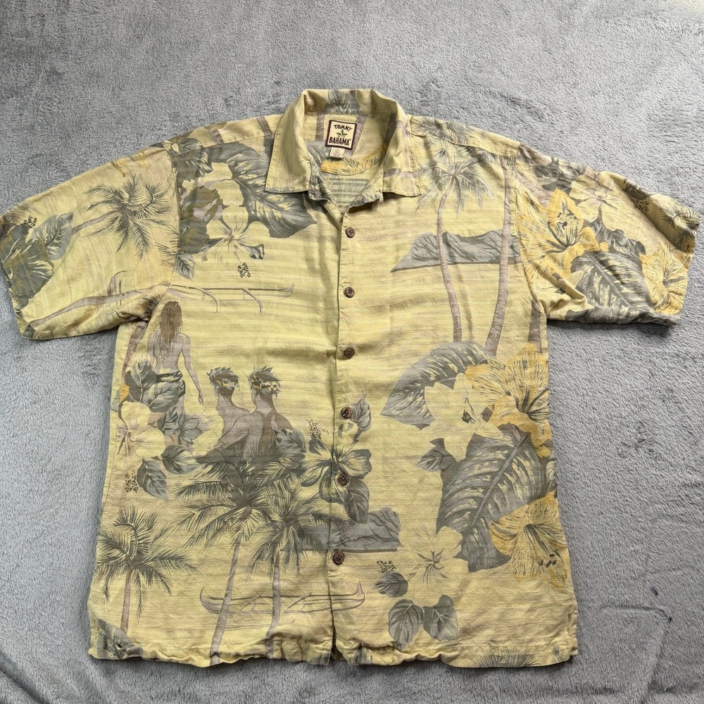 Tommy Bahama Mens Large Silk Tropical Hula Dancer Palm Tree Camp Shirt Yellow - Picture 2 of 6